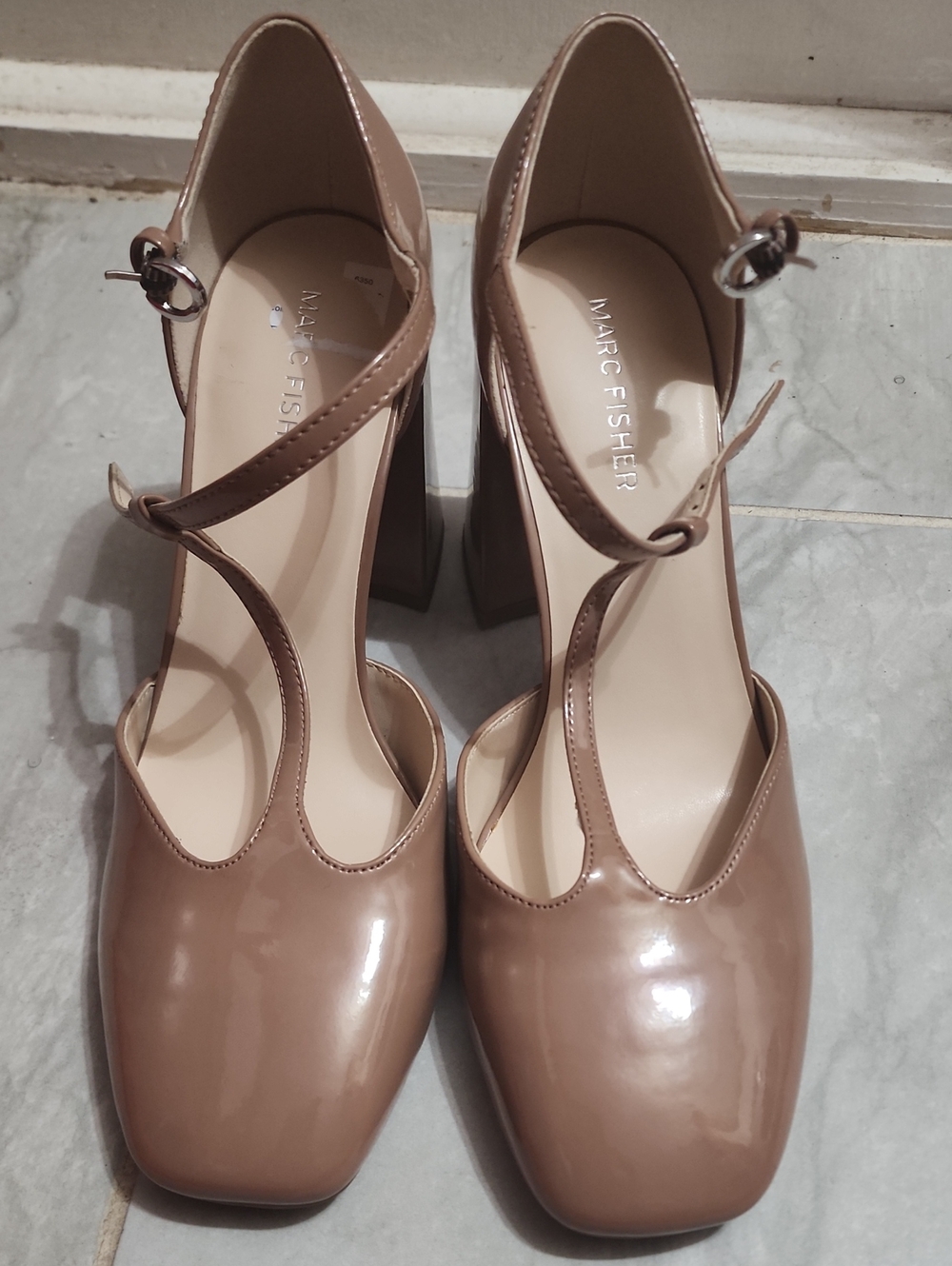 Marc Fisher Patent T-Strap Block Heel in Taupe